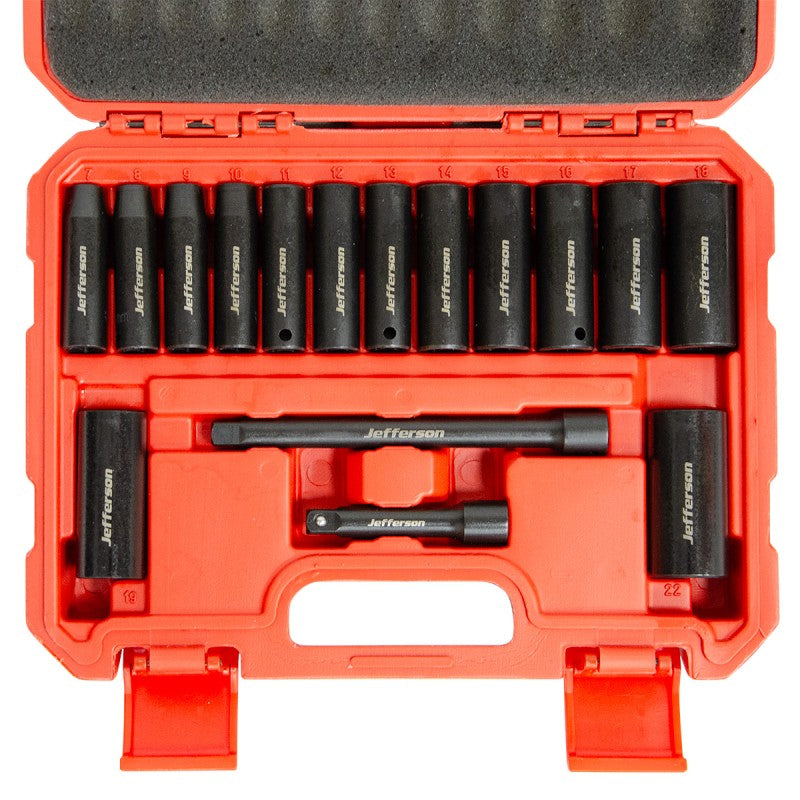 Jefferson 16 piece 3/8 inch drive deep impact socket set in blow moulded case