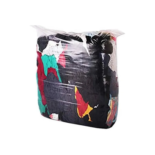 A 1kg bag of Jefferson mixed colour cotton cleaning rags for workshop, garage, and industrial use.