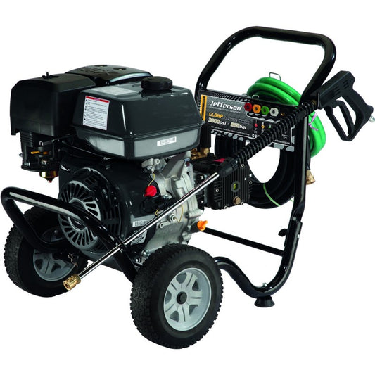 Jefferson 13.0HP petrol pressure washer on wheeled steel chassis with spray lance