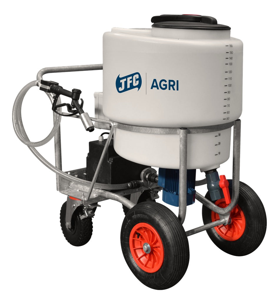 JFC 170 Litre mobile milk kart fitted with electric mixer, pump, and heavy-duty wheels for farm calf feeding.