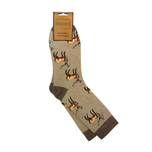 Jess & Lou men's oatmeal wool blend cosy socks featuring a deer print pattern