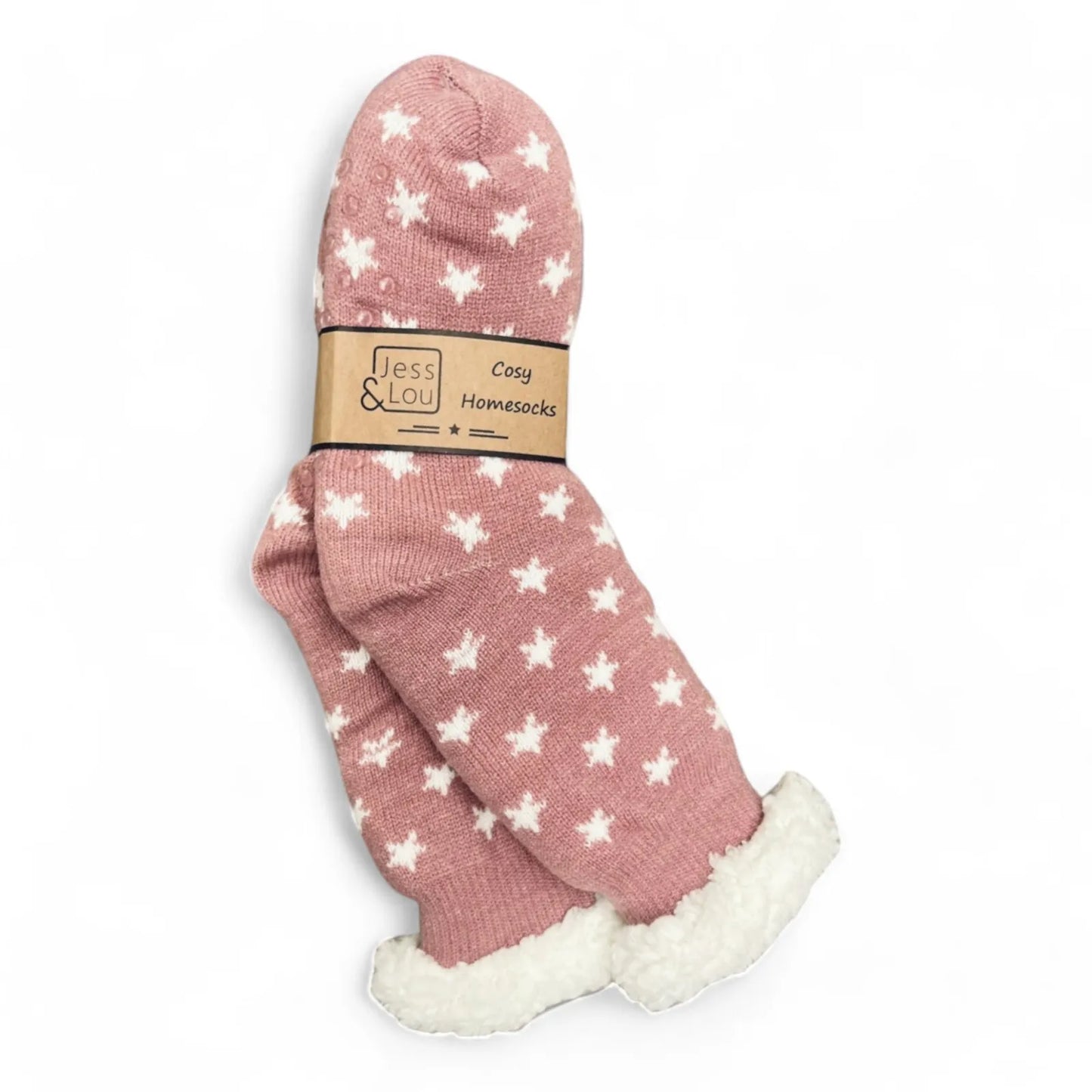 Jess & Lou Pink & White Stars Cosy Slipper Socks