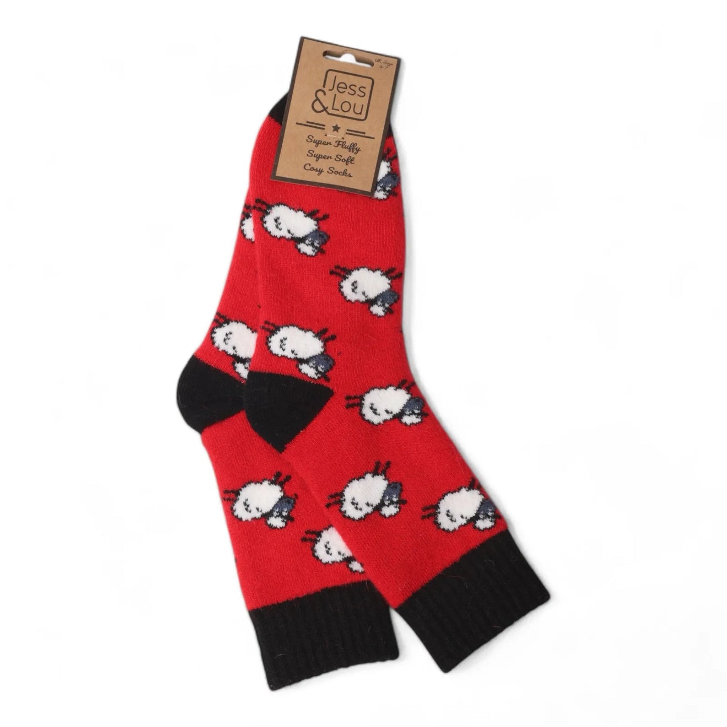Jess & Lou Sheep Ribbed Red Cosy Socks