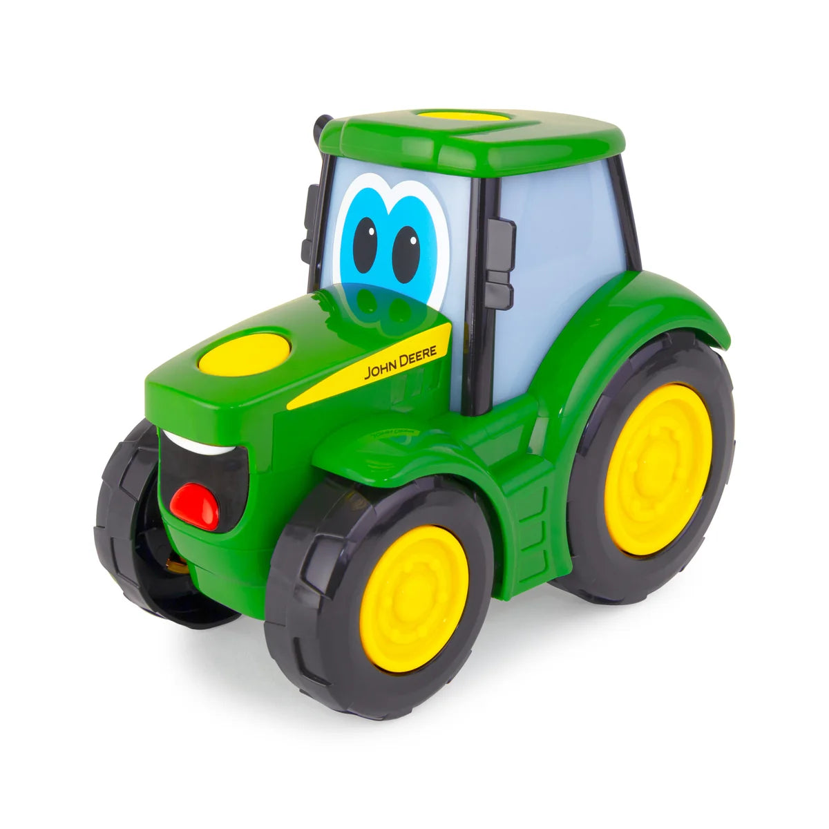 John Deere Lights & Sounds Johnny Tractor toddler toy showing cheerful eyes and green bonnet