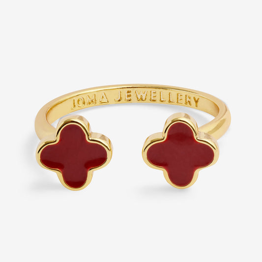Joma Jewellery Signature Clover Collection Red Clover Ring In Gold Plating