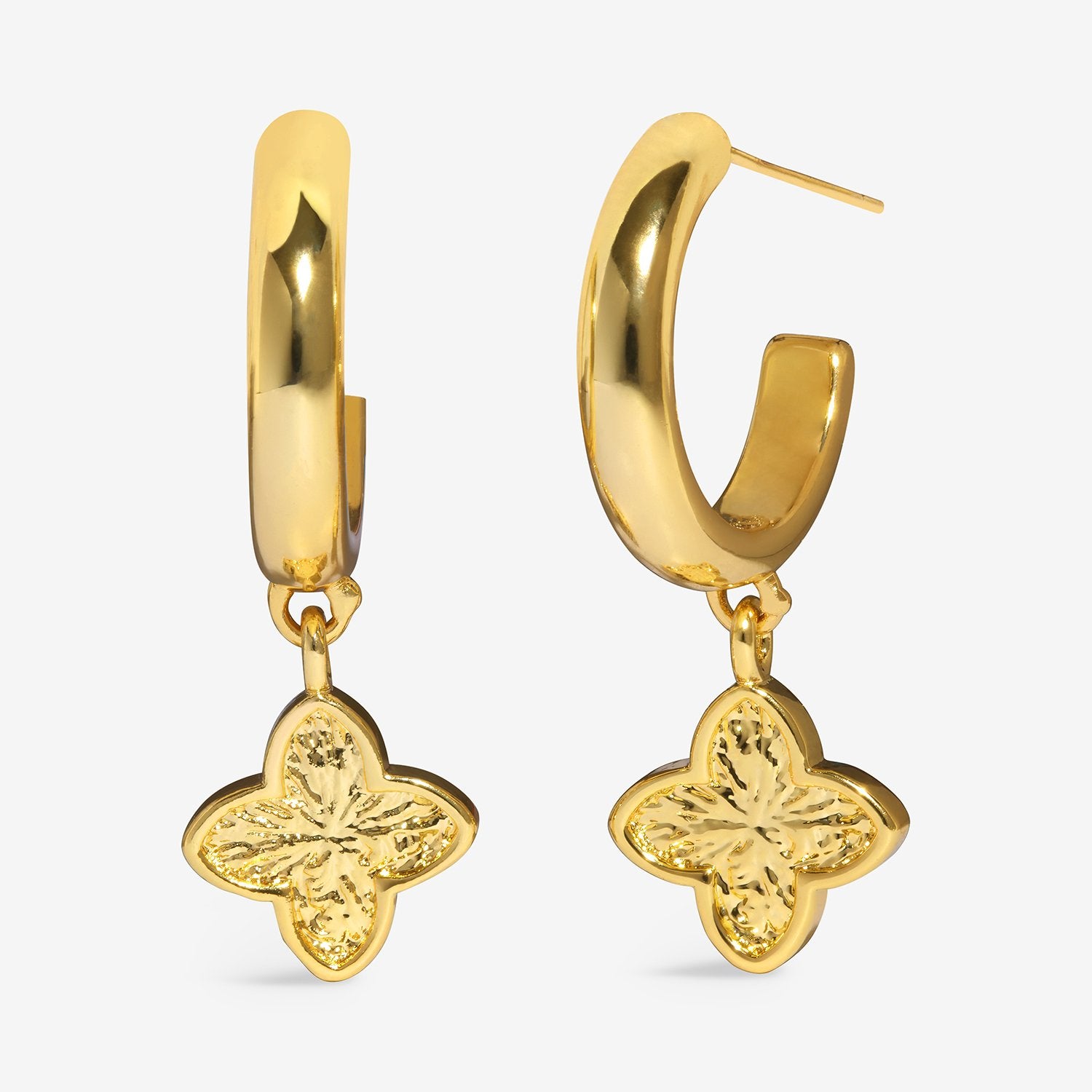 Joma Jewellery Signature Clover Collection Textured Clover Hoop Earrings In Gold Plating