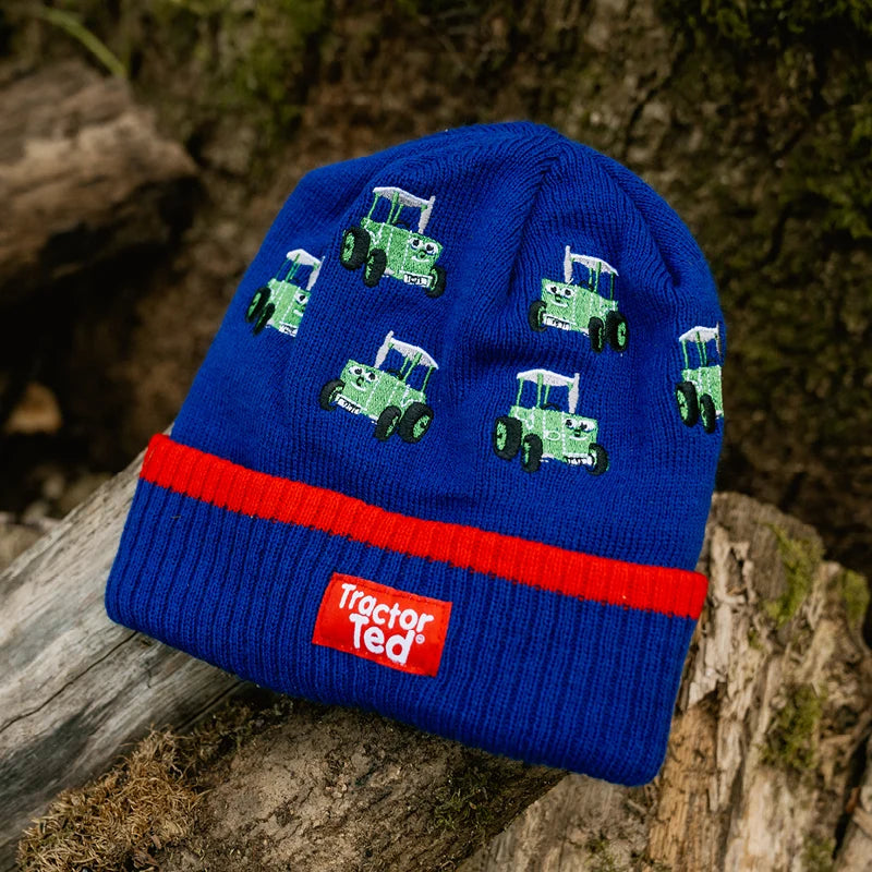 Kids green Tractor Ted knitted beanie hat with embroidered front badge and turn-up cuff