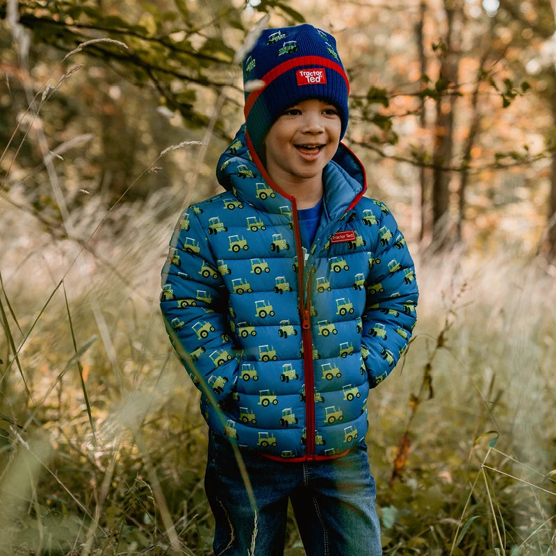 Kids green Tractor Ted knitted beanie hat with embroidered front badge and turn-up cuff