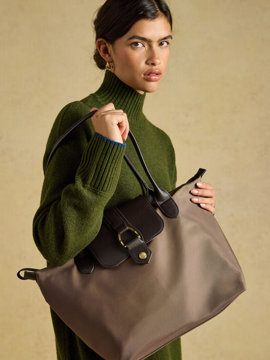 Joules Edie Zip Top Shopper Bag with magnetic flap, stirrup buckle detail, and shoulder straps