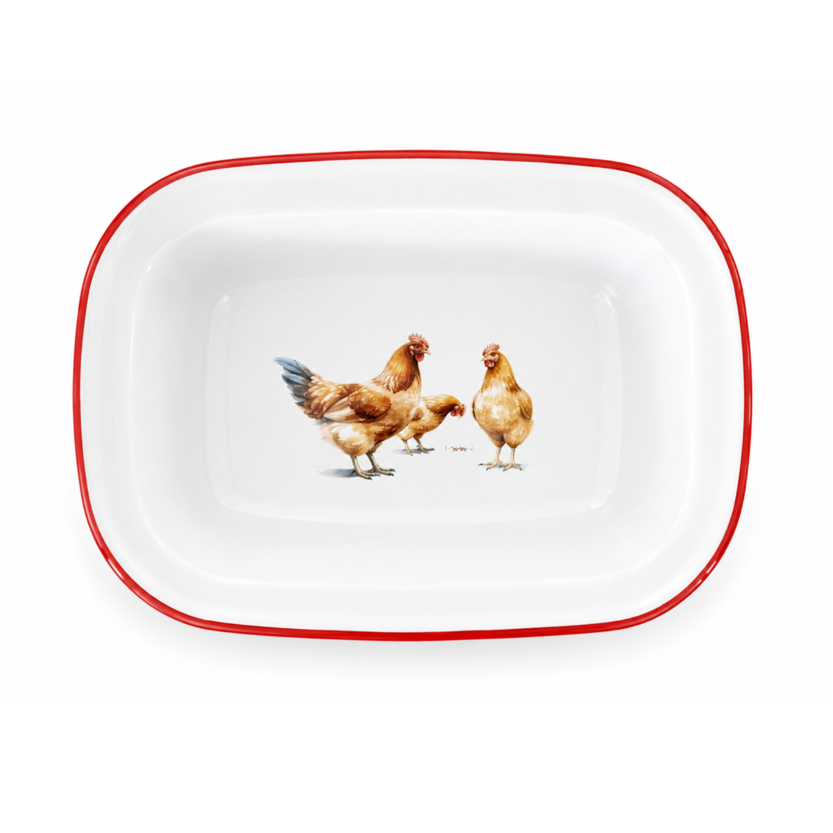 Falcon Enamel 20cm oblong pie dish featuring classic country chicken motif on white porcelain with blue rim