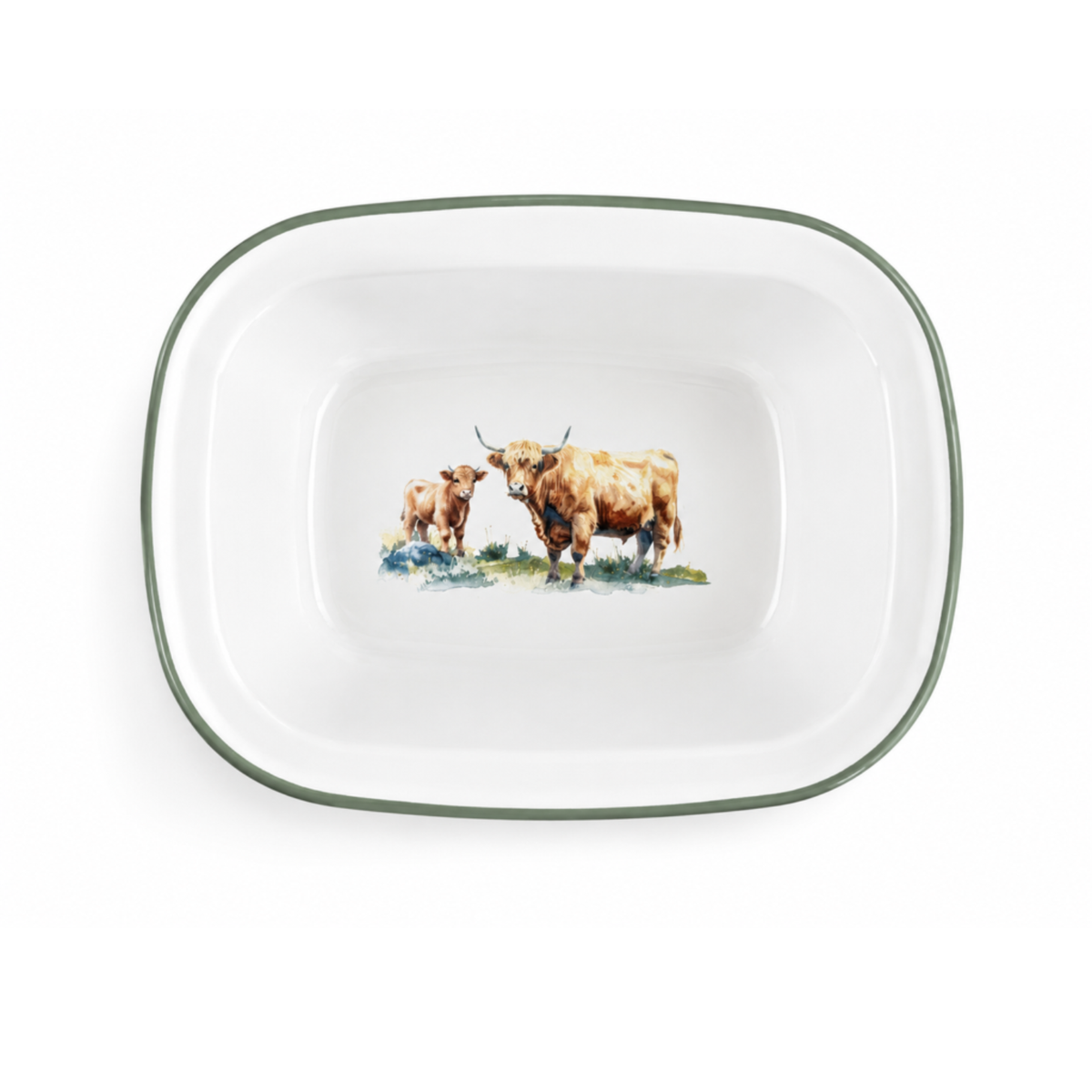 Falcon Enamel 20cm oblong pie dish featuring a black and white Highland cow illustration with classic blue rim