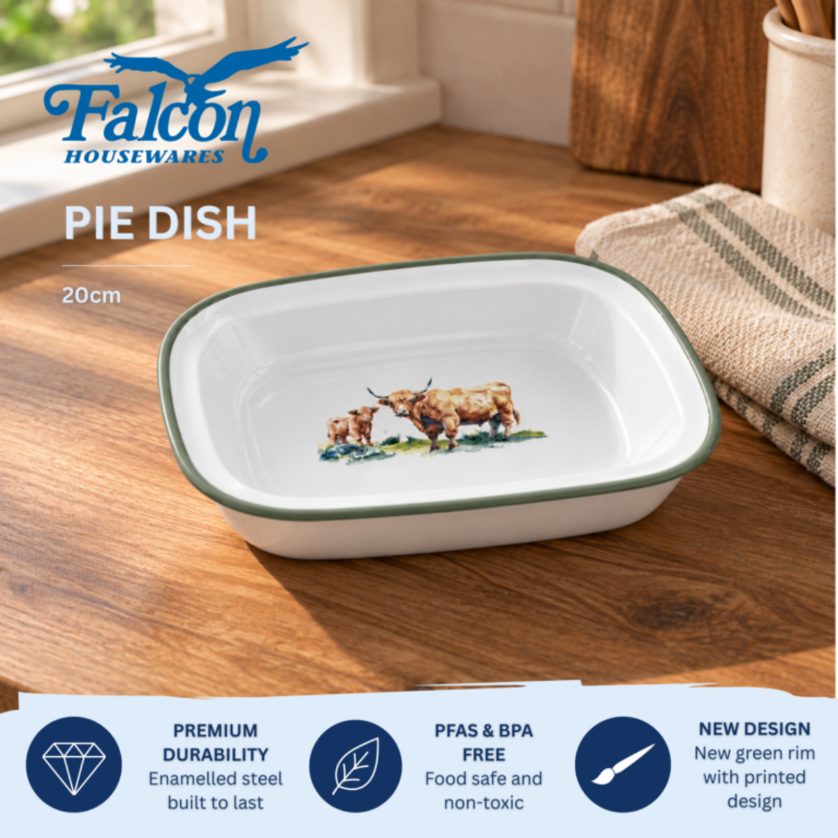 Falcon Enamel 20cm oblong pie dish featuring a black and white Highland cow illustration with classic blue rim