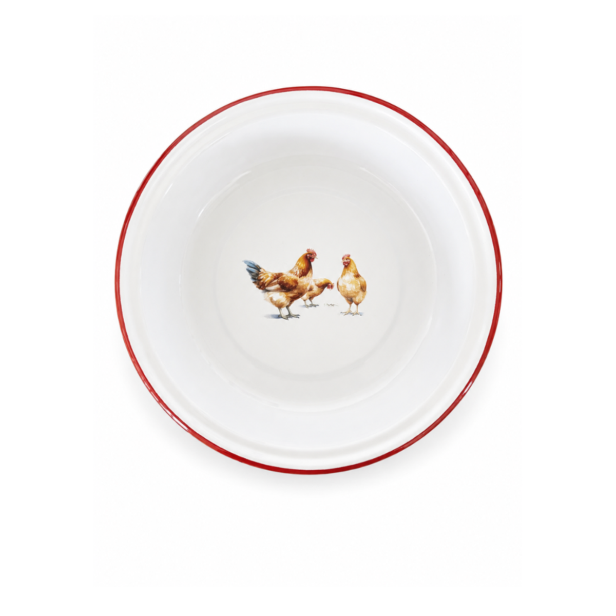 Falcon Enamel 22cm round pie plate featuring country chicken illustration on white porcelain with blue rim