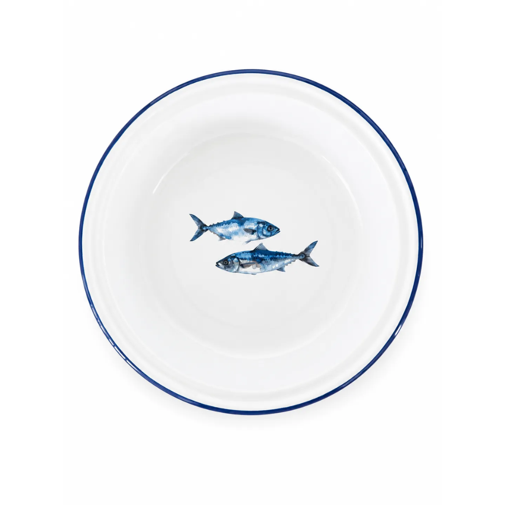 Falcon enamel round pie dish 22cm white with blue rim and fish design