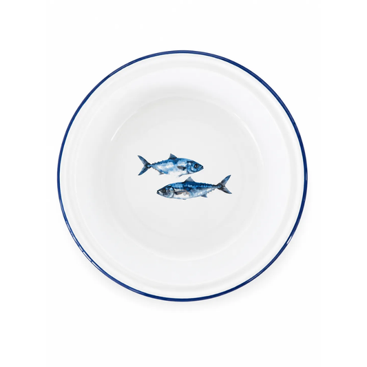 Falcon enamel round pie dish 22cm white with blue rim and fish design