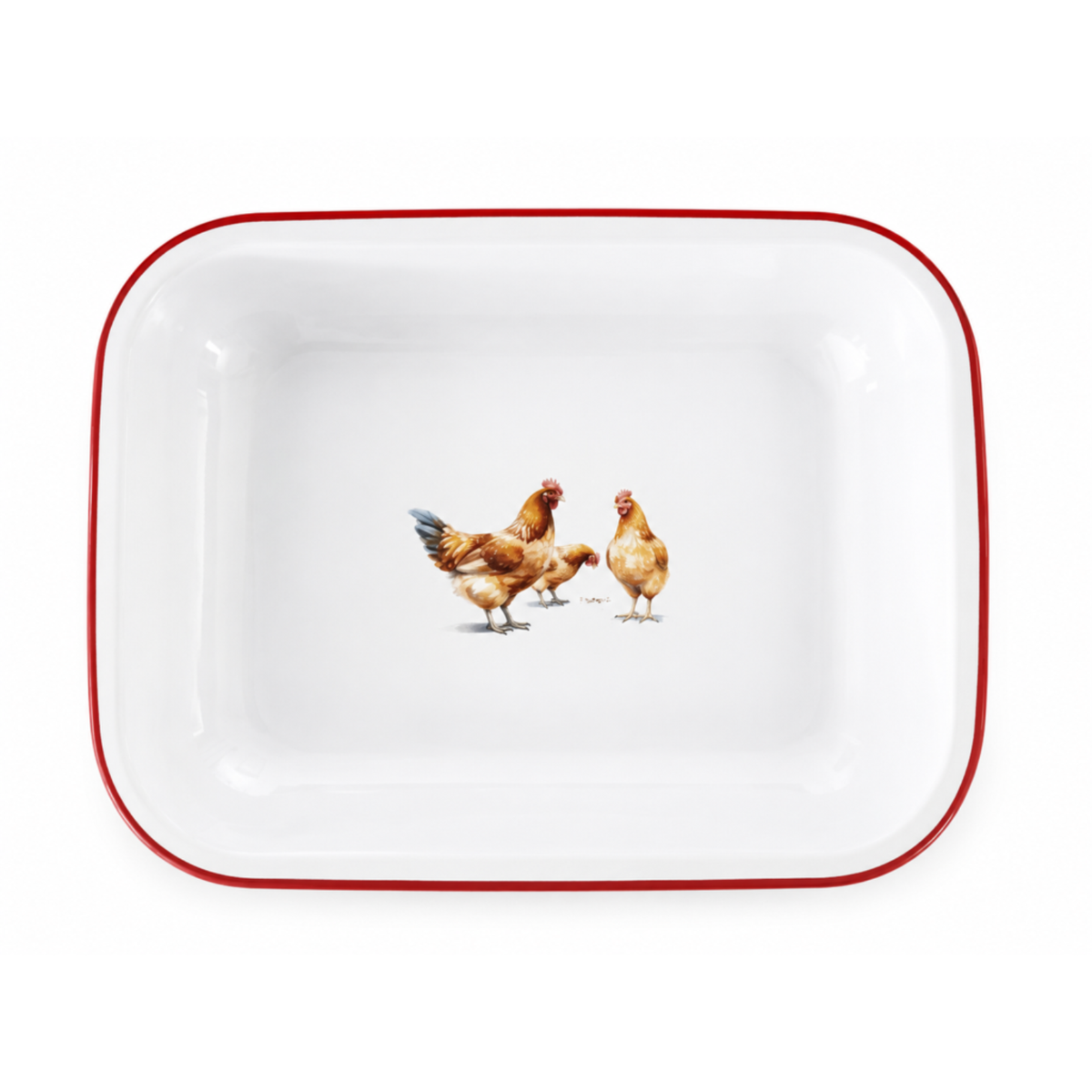 Falcon Enamel 28cm bake pan roasting tin featuring country chicken illustration on white porcelain with blue rim