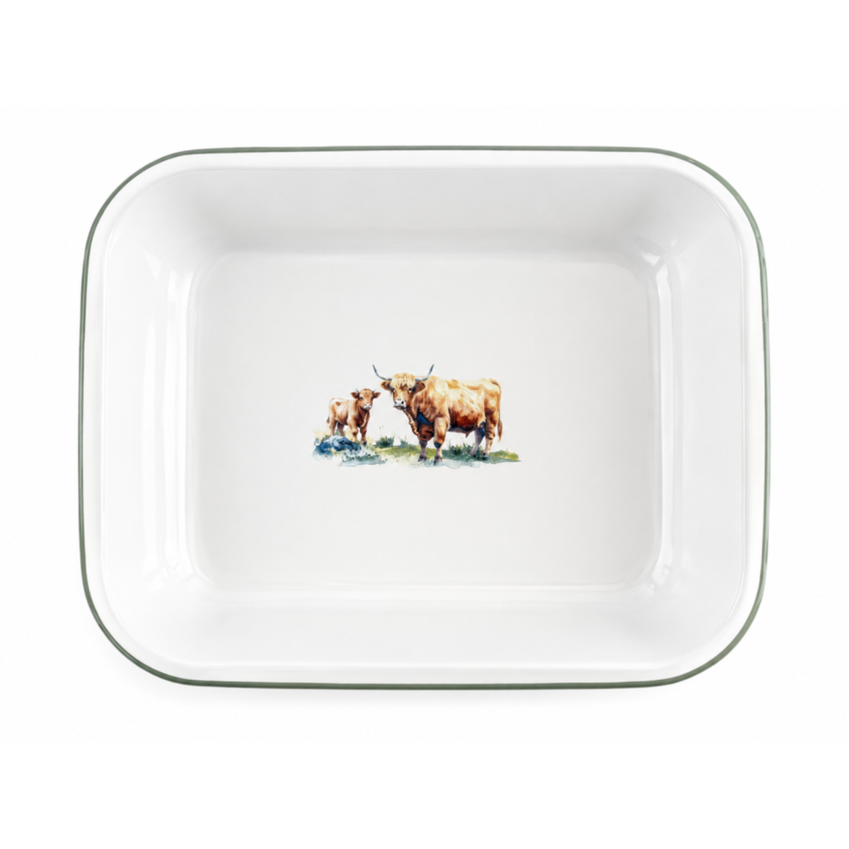 Falcon Enamel 28cm bake pan roasting dish with Highland cow illustration on white porcelain and blue rim