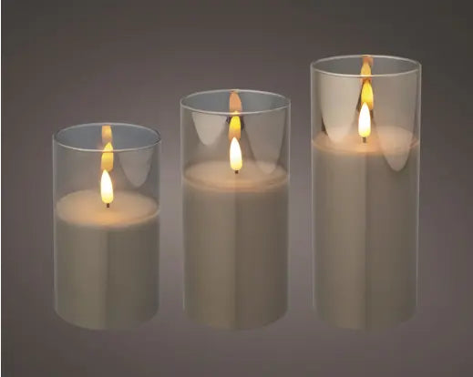 Kaemingk LED Wick Smokey Grey Warm White Candle Glass Cylinder Set of 3