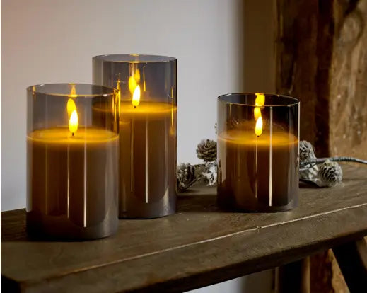 Kaemingk LED Wick Smokey Grey Warm White Candle Glass Cylinder Set of 3
