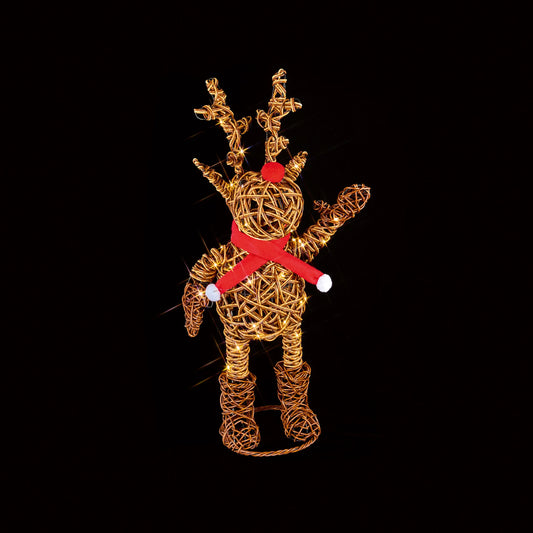 Premier 60cm woven rattan look reindeer in red boots illuminated by 60 warm white LEDs