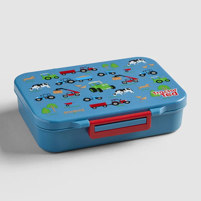 Tractor Ted Farmyard Lunch Box featuring green farm machinery graphics on the front lid<