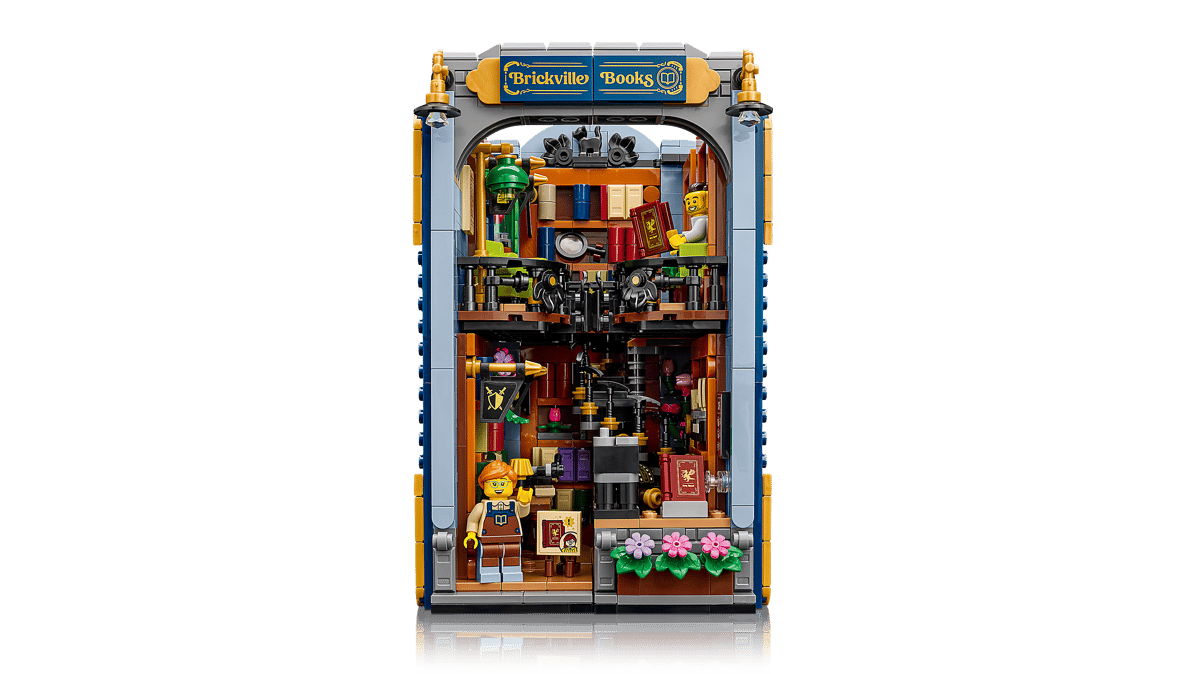 LEGO Icons Bookshop Book Nook 11379 showing the open two-story interior layout