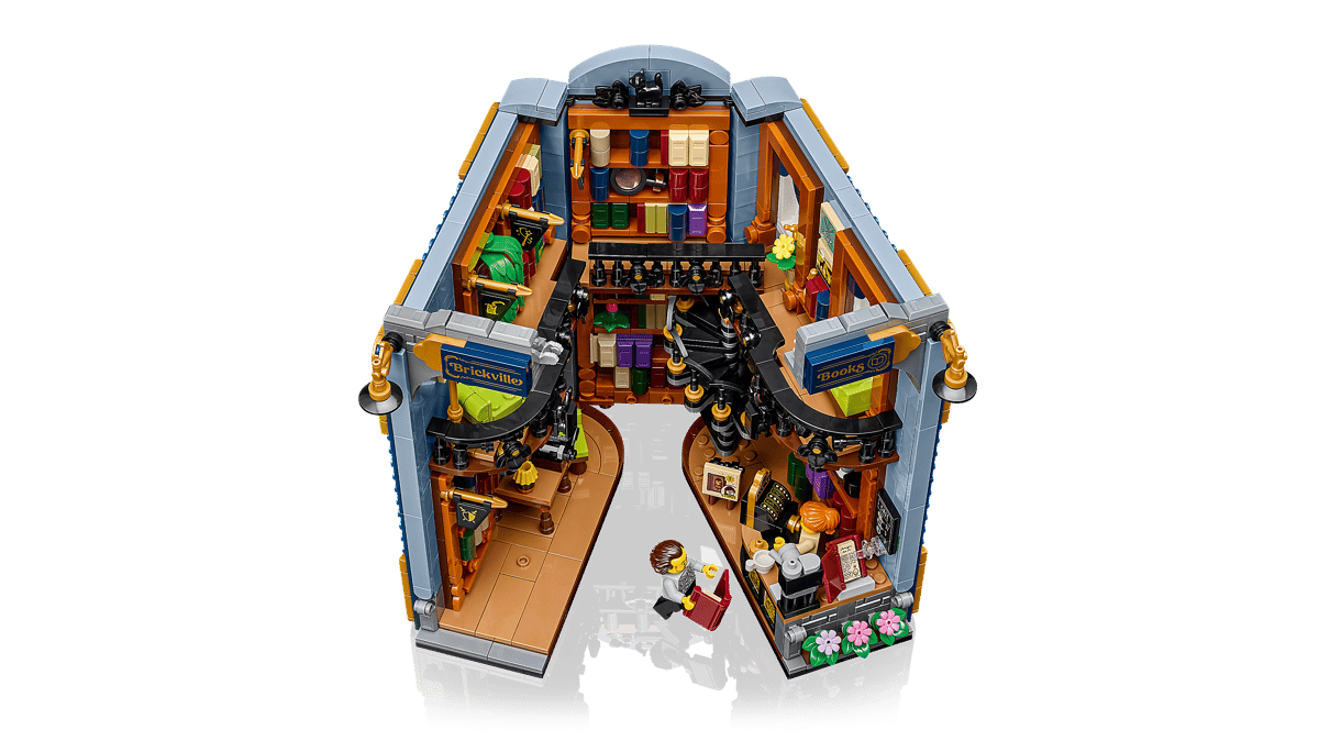 LEGO Icons Bookshop Book Nook 11379 showing the open two-story interior layout.
