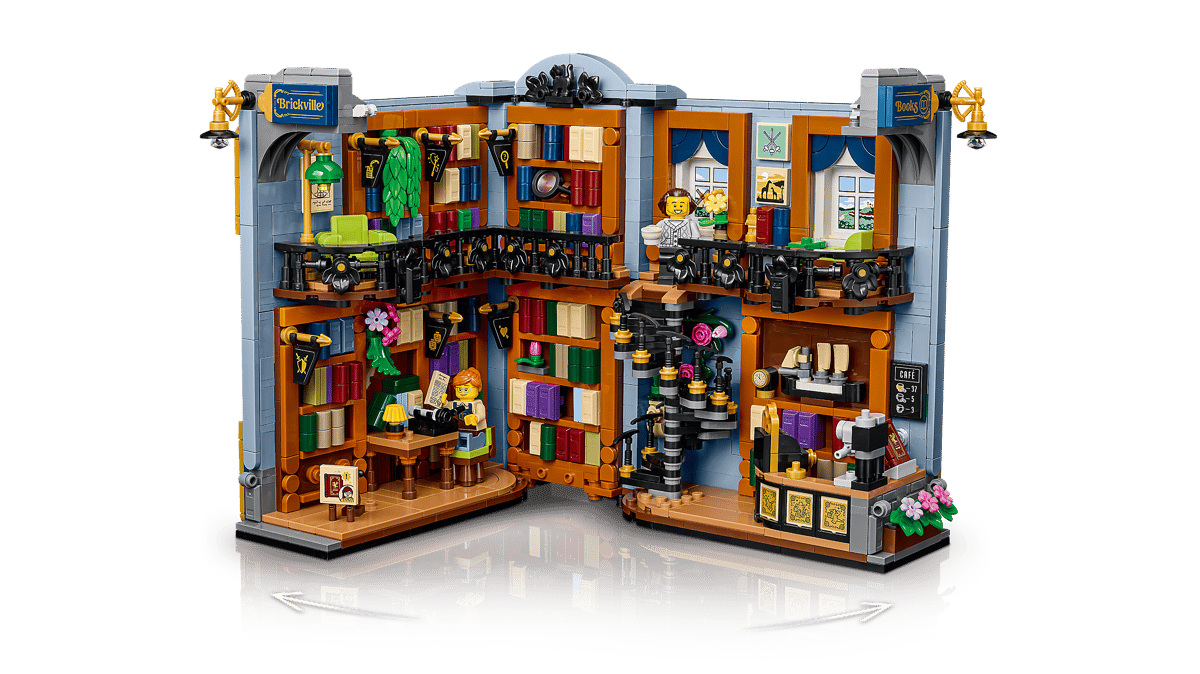 LEGO Icons Bookshop Book Nook 11379 showing the open two-story interior layout.