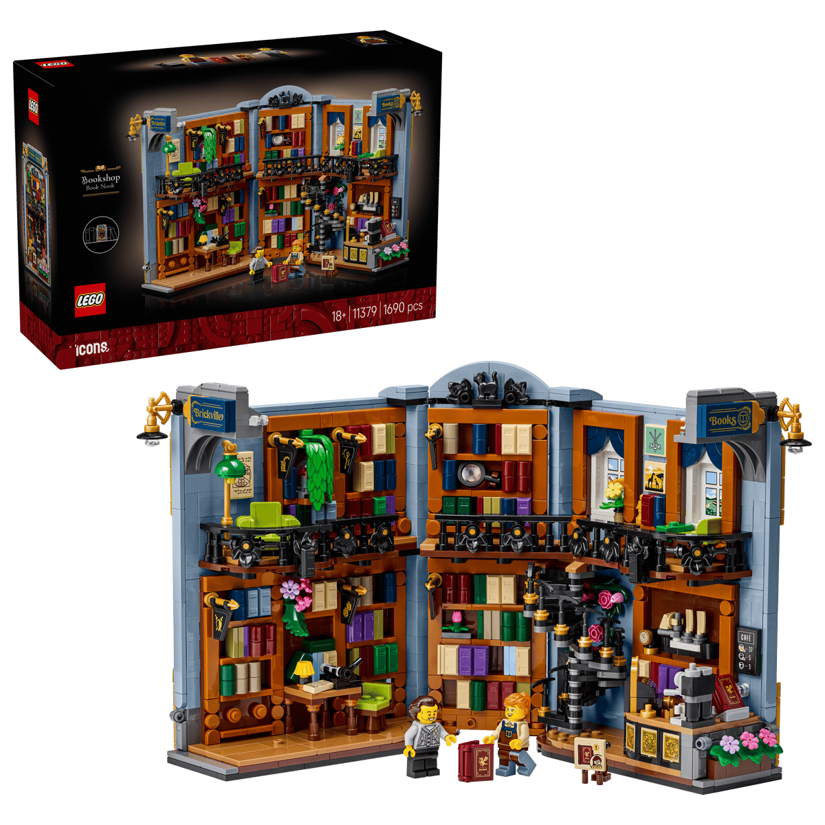 LEGO Icons Bookshop Book Nook 11379 showing the open two-story interior layout