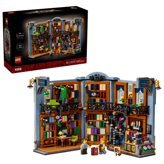 LEGO Icons Bookshop Book Nook 11379 showing the open two-story interior layout