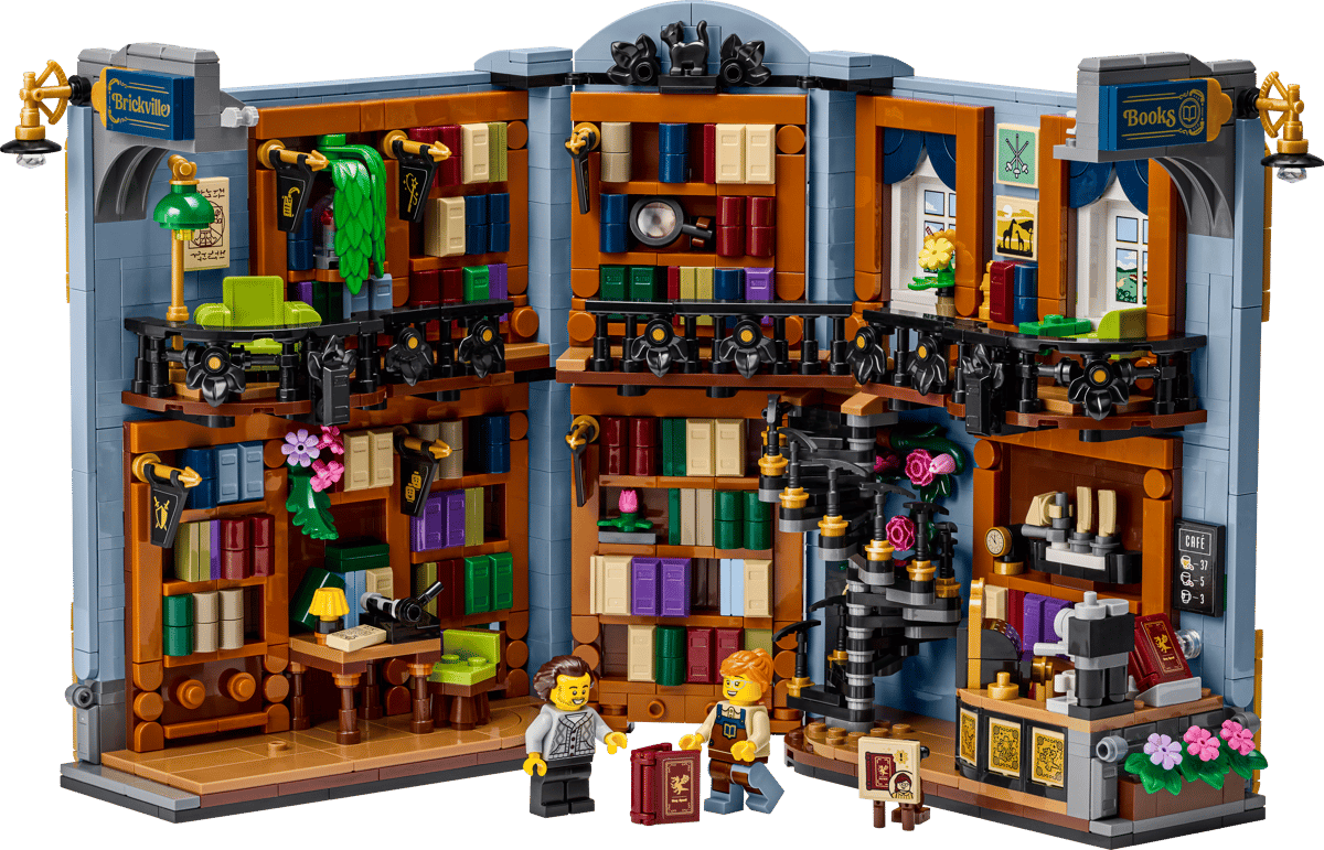 LEGO Icons Bookshop Book Nook 11379 showing the open two-story interior layout