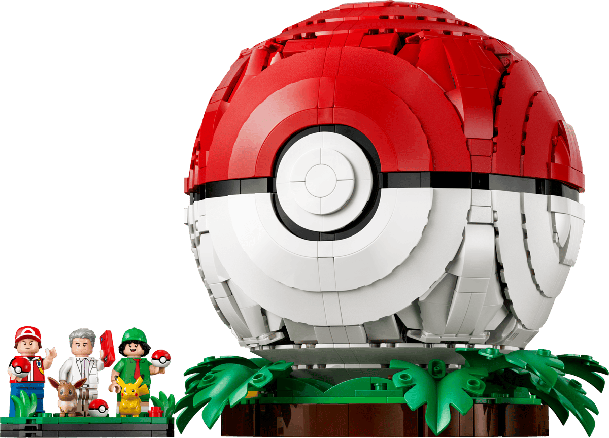 LEGO Pokémon Iconic Trainer Moments Poké Ball 72154 opened to display Professor Oak laboratory and battle scenes inside.