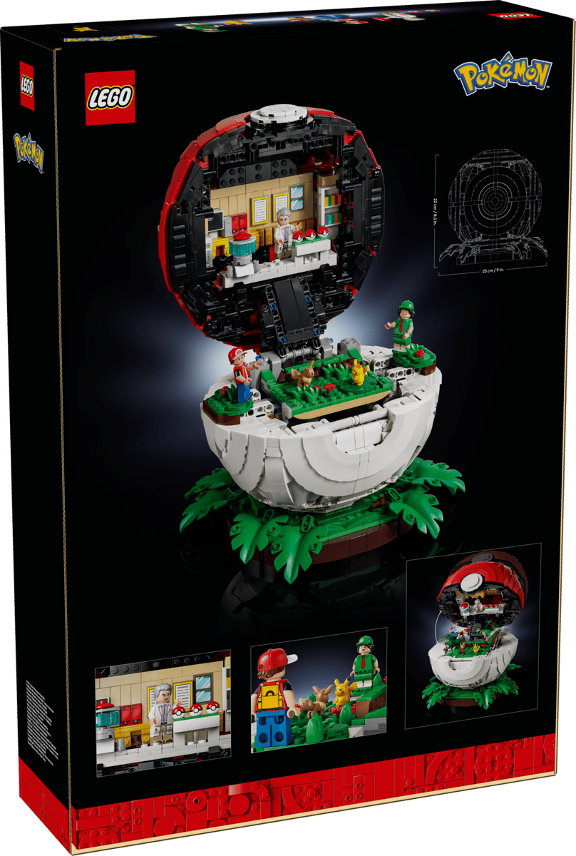 LEGO Pokémon Iconic Trainer Moments Poké Ball 72154 opened to display Professor Oak laboratory and battle scenes inside.