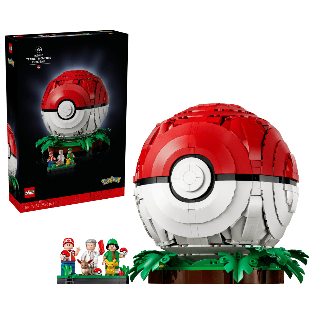 LEGO Pokémon Iconic Trainer Moments Poké Ball 72154 opened to display Professor Oak laboratory and battle scenes inside.