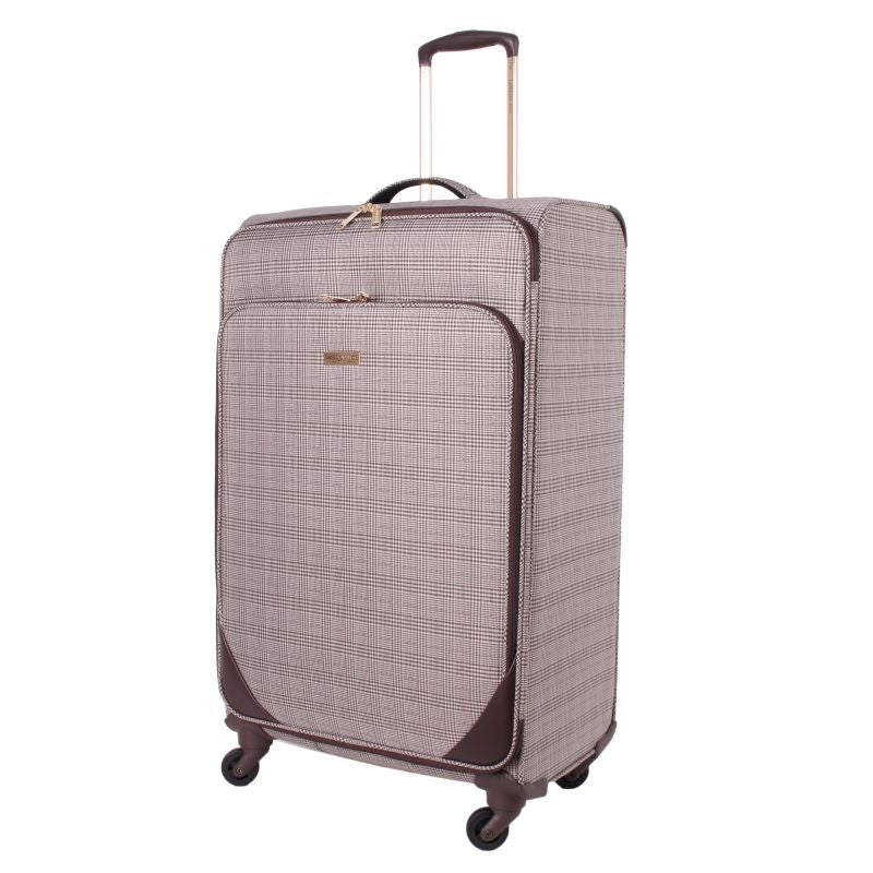 London Fog Camberley brown Prince of Wales plaid softshell hold luggage suitcase with spinner wheels in large