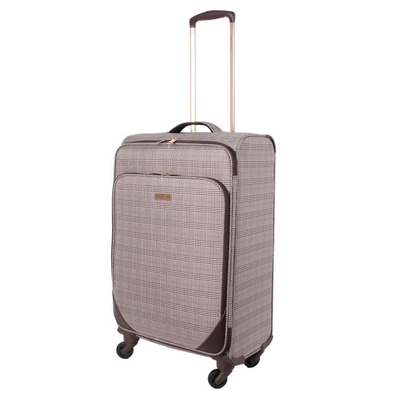 London Fog Camberley brown Prince of Wales plaid softshell hold luggage suitcase with spinner wheels in medium