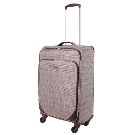 London Fog Camberley brown Prince of Wales plaid softshell hold luggage suitcase with spinner wheels in medium