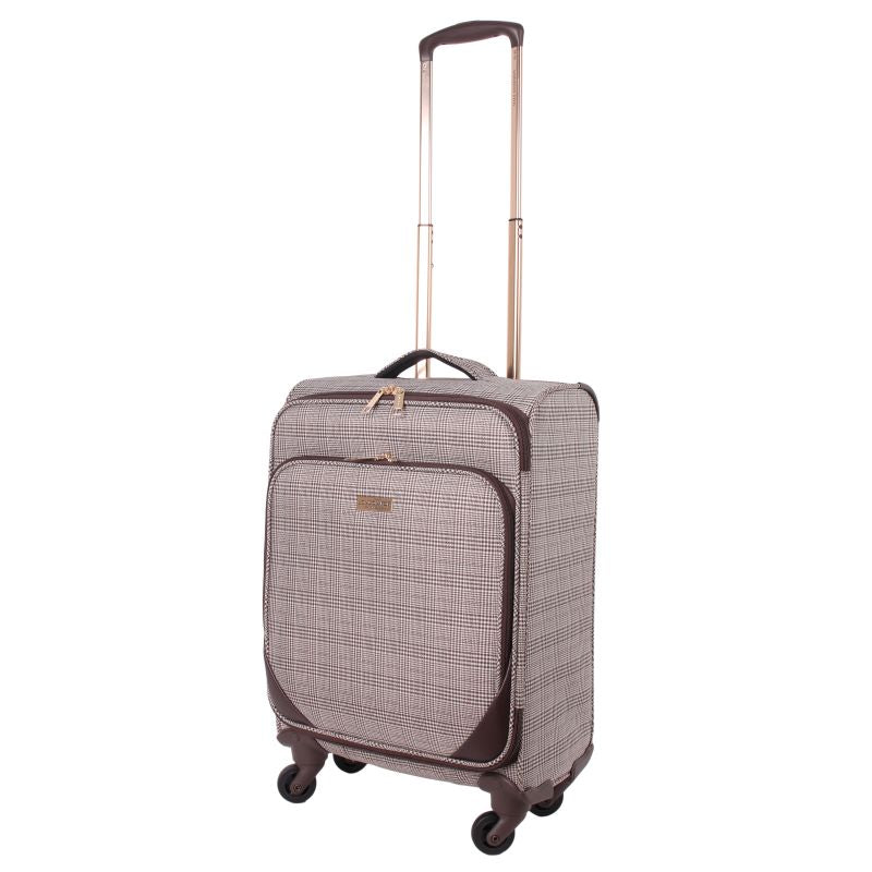 London Fog Camberley brown Prince of Wales plaid softshell cabin suitcase with spinner wheels
