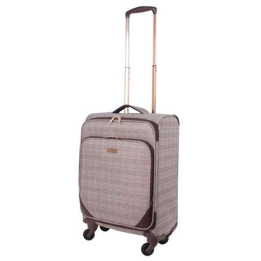 London Fog Camberley brown Prince of Wales plaid softshell cabin suitcase with spinner wheels