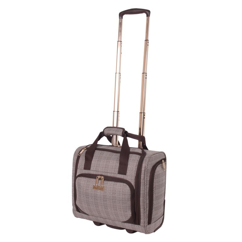 London Fog Camberley brown Prince of Wales plaid under seat flight bag with telescopic handle
