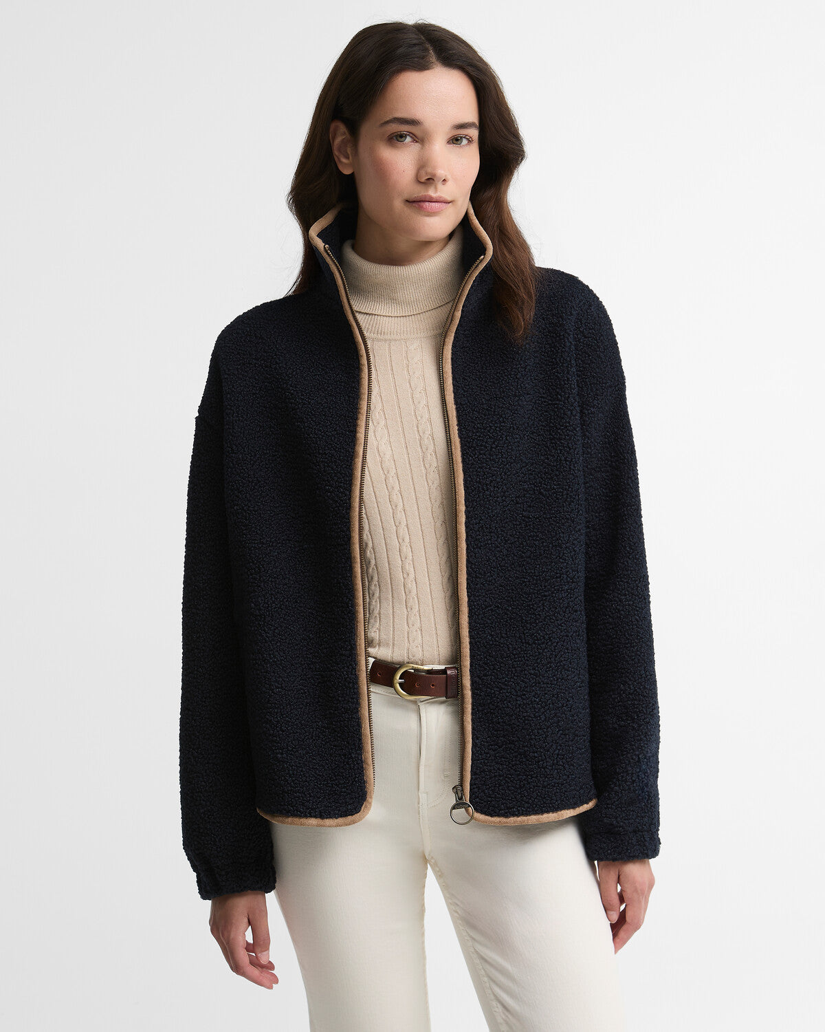 Women wearing the Barbour Homeswood Fleece Jacket showing the back collar embroidery and suedette trim.