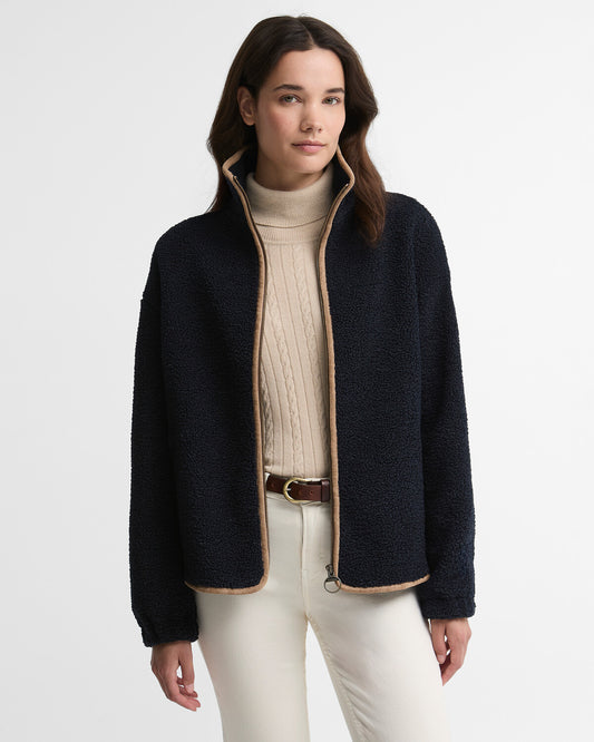 Women wearing the Barbour Homeswood Fleece Jacket showing the back collar embroidery and suedette trim.