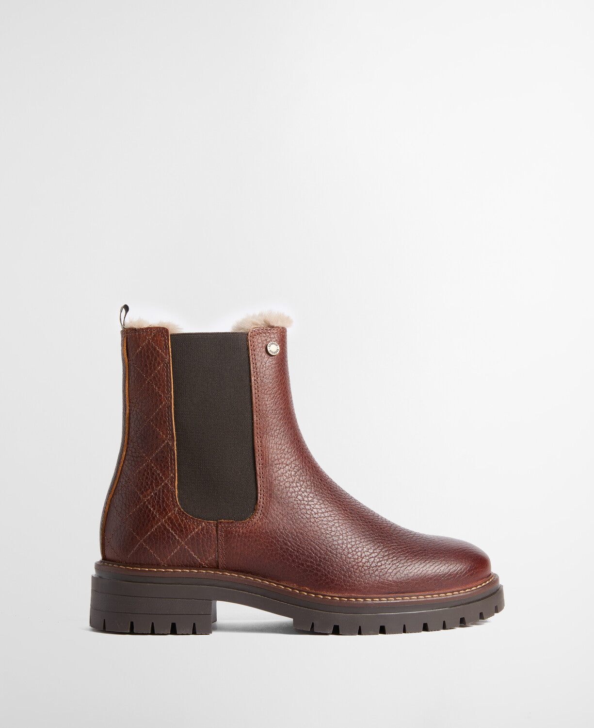 Barbour Evie Faux-Fur Trimmed Chelsea Boots in brown leather, featuring elasticated side gussets, convenient pull tabs, and signature front logo rivet.