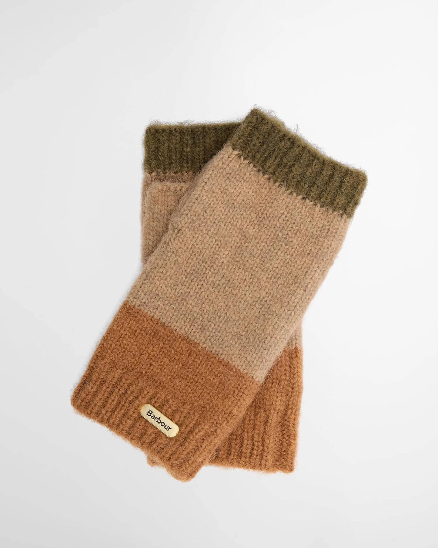Barbour Wrenwood Women's Striped Wristwarmers in a colourful fingerless knit with Barbour metal badge.
