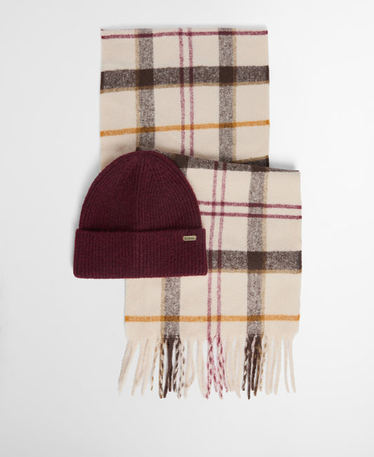 Barbour Olivia Beanie and Scarf Gift Set featuring a supersoft turnback beanie with a metal badge and a coordinating woven tartan scarf.