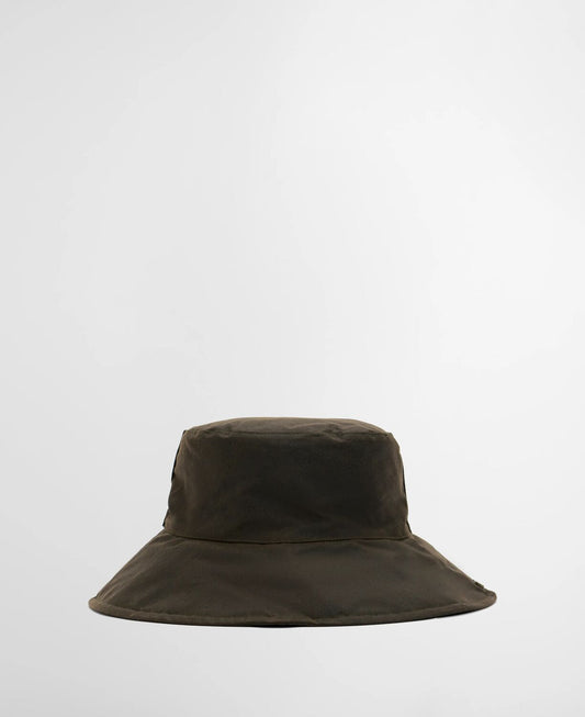 Barbour Women's Brambling Waxed Hat in olive with tartan hatband detail.