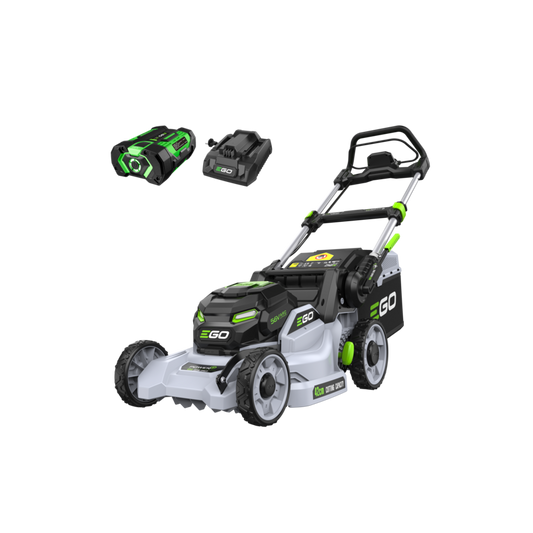 EGO LM1711E cordless push lawn mower kit featuring a 42cm polypropylene cutting deck, 55-litre grass collector, and 2.5Ah ARC Lithium battery.