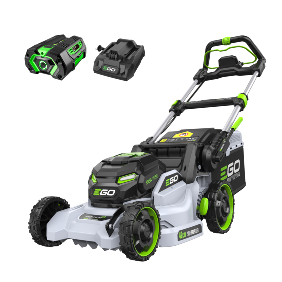 EGO LM1712E-SP self-propelled cordless lawn mower showing its 42cm polymer deck, LED headlights, and 55-litre collection bag.
