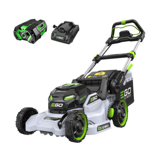 EGO LM1712E-SP self-propelled cordless lawn mower showing its 42cm polymer deck, LED headlights, and 55-litre collection bag.