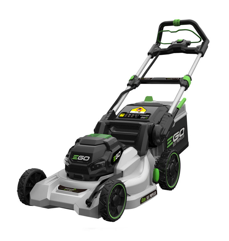 EGO LM1903E-SP cordless self-propelled lawn mower bare tool showing its 47cm poly cutting deck, large wheels, and 55-litre mesh collection bag.